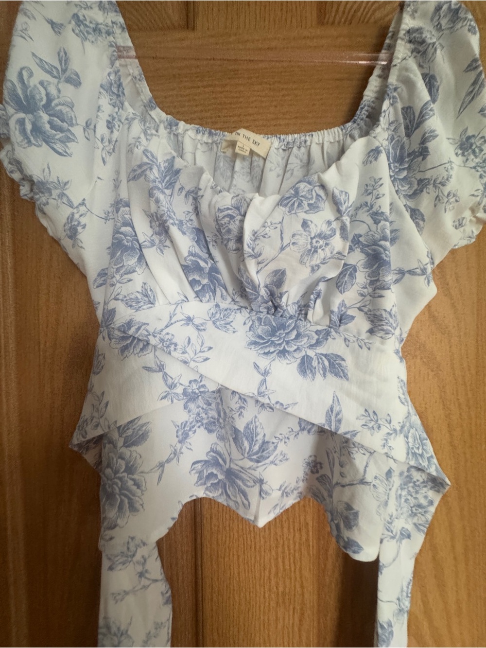 Blue & White Floral Wrap Crop Top with Tie Front - Picture 3 of 6